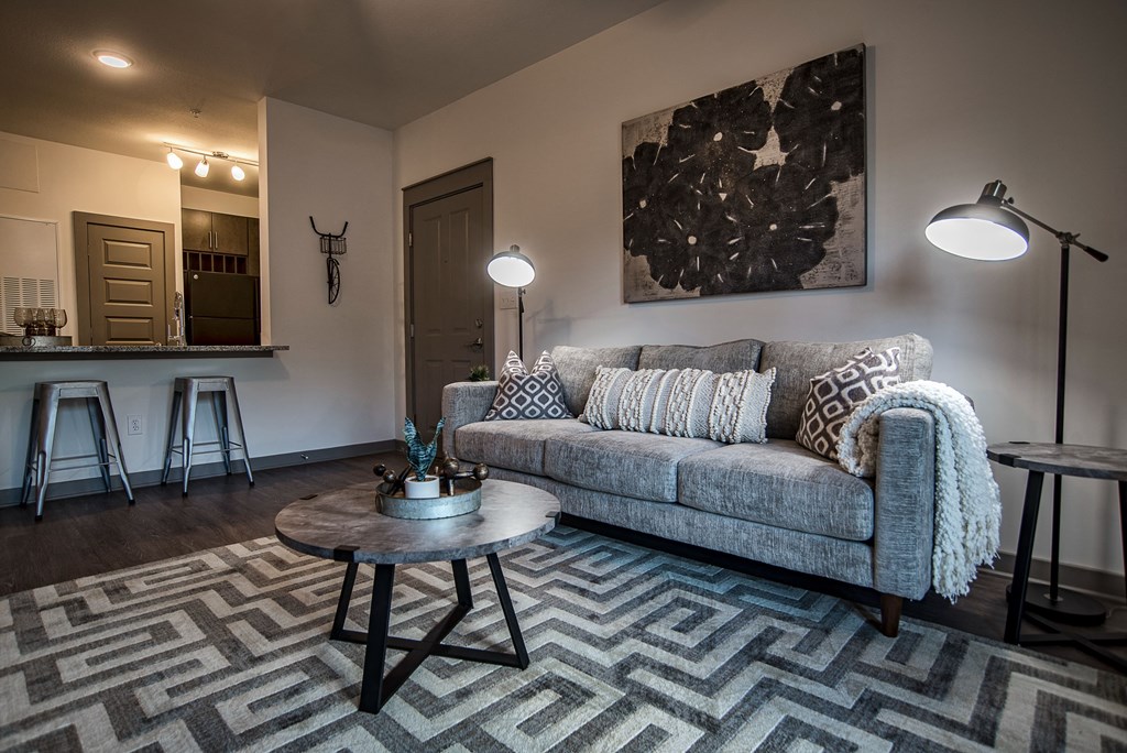 a living room with a couch and a coffee table