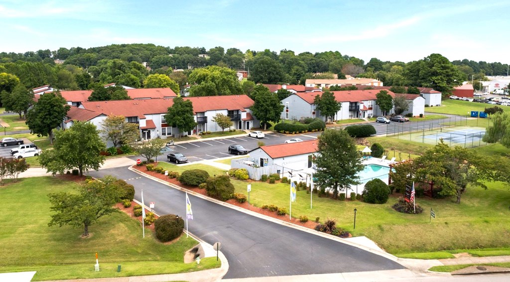 A road with a flag on the side and a building in the background.