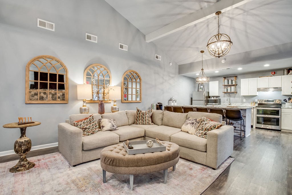 a living room with a couch and a coffee table