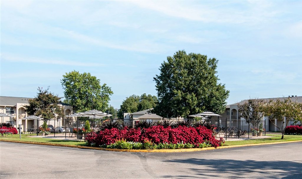 a roundabout with flowers and umbrellas in front of houses