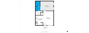 A floor plan of a house with a living room, two bathrooms, a bedroom, a closet, an eat-in kitchen, and a porch.