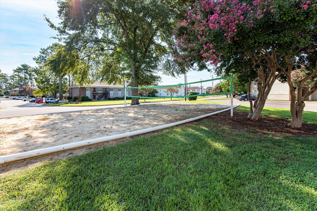 a volleyball court on the grass in front of a parking lot