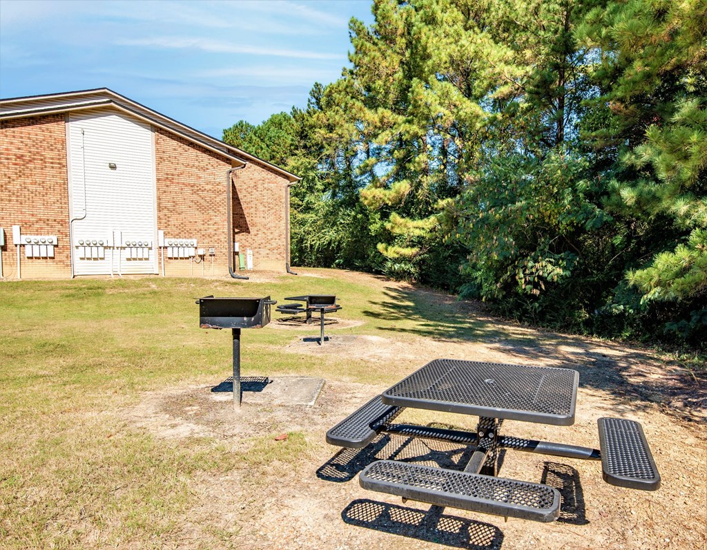 our picnic area is in front of our building with a grill and picnic table