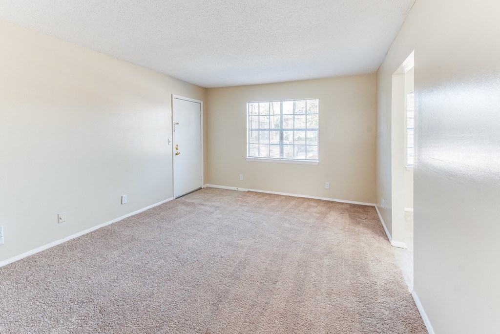 an empty living room with carpet and a window