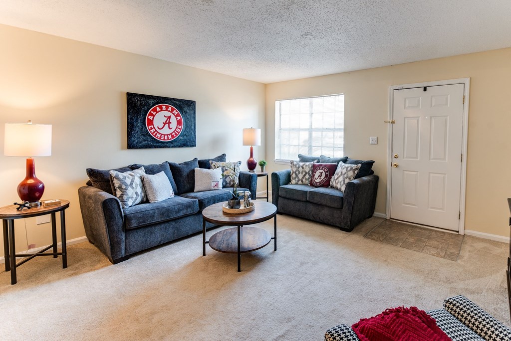 a living room with couches and a coffee table