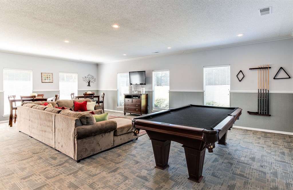 a game room with a pool table and a couch