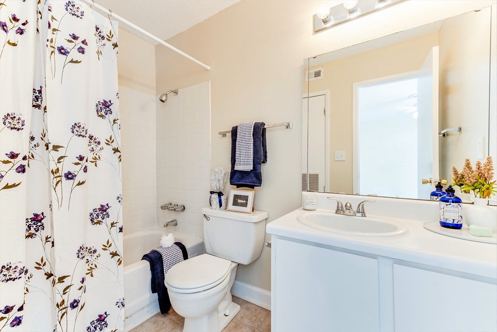 a bathroom with a shower curtain and a toilet and a sink