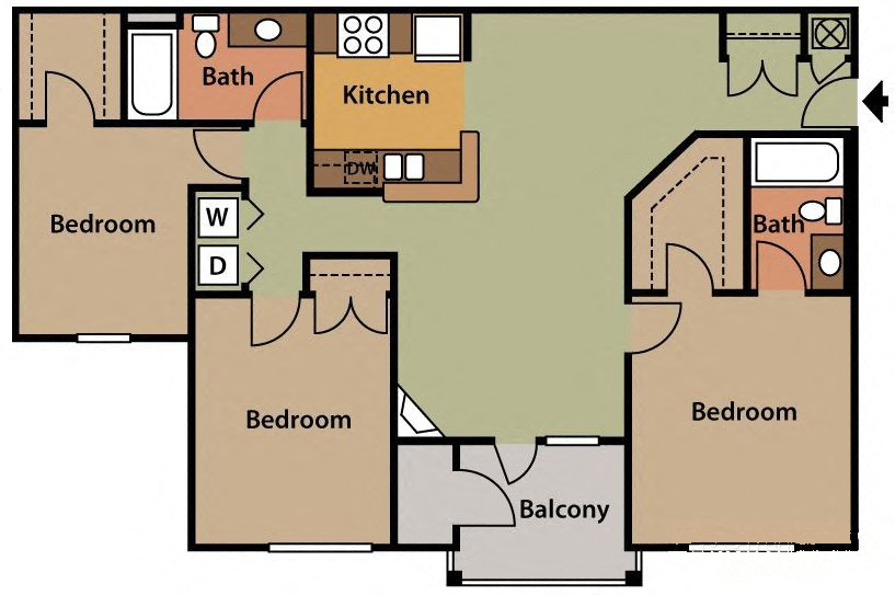 3 Bedroom 2 Bath floor plan at Hampton Falls Apartments, Huntsville Alabama