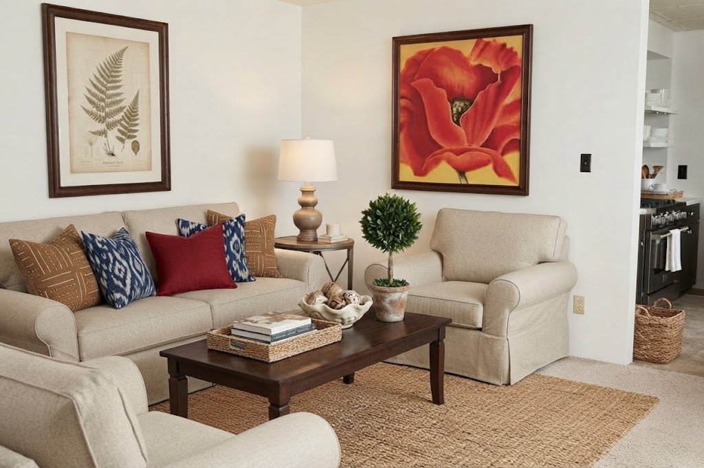 A living room with a couch, chair, and a table with a plant on it.