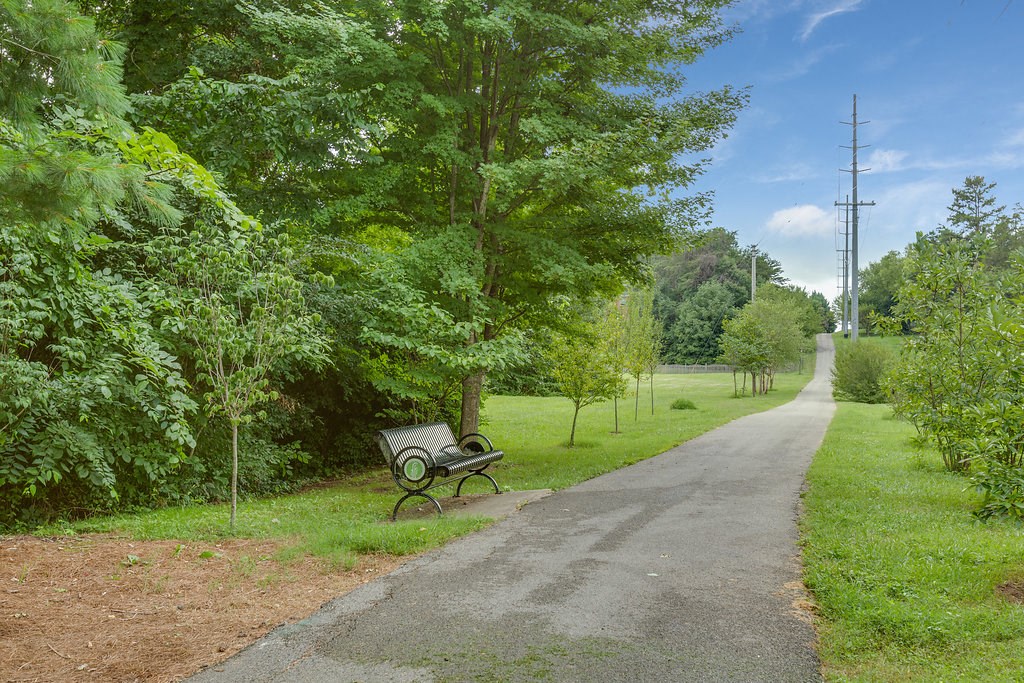 a park bench sitting on the side of a road
