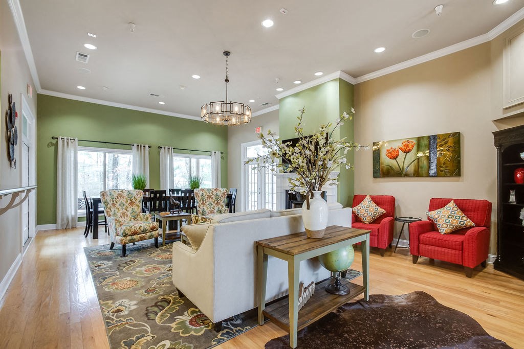 a living room with a couch and a table