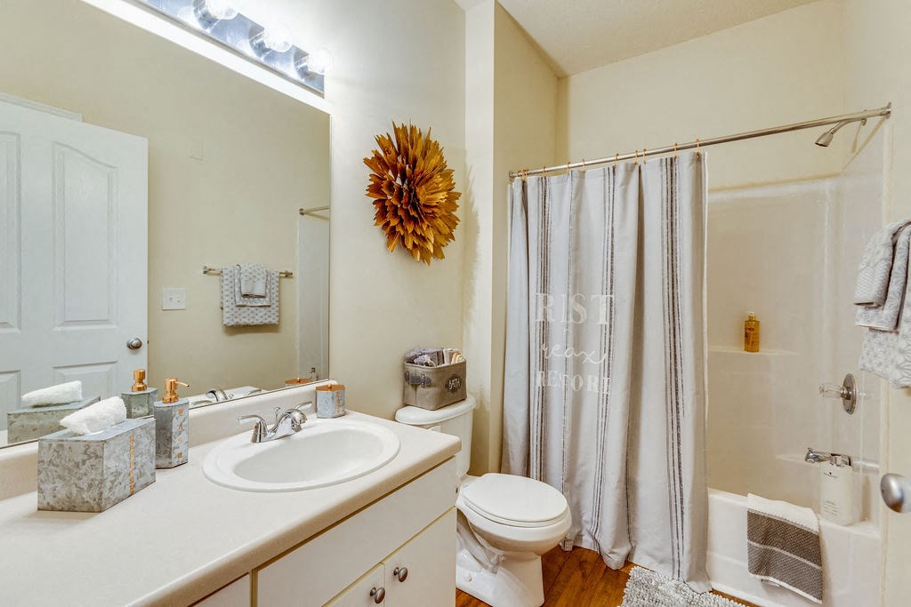 a bathroom with a shower toilet and sink and a mirror