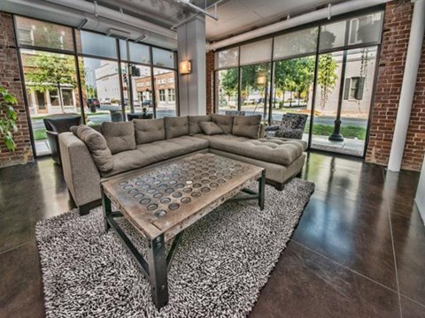 a living room with a couch and a coffee table