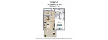 A floor plan of a one bedroom/one bath apartment in Bishop is shown.