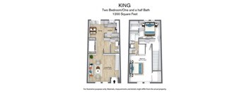 A floor plan of a 1200 square foot home with two bedrooms and one and a half baths.