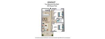 A floor plan of a two bedroom, one bath apartment that is 900 square feet.