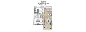 A floor plan of a two bedroom/two bathroom apartment that is 928 square feet.