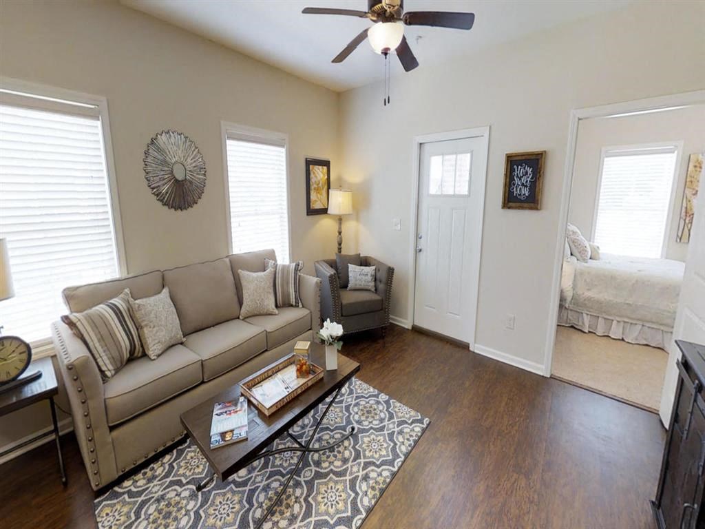 a living room with a couch and a coffee table