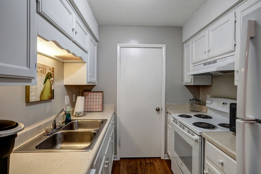 a kitchen with a sink and a stove and a refrigerator