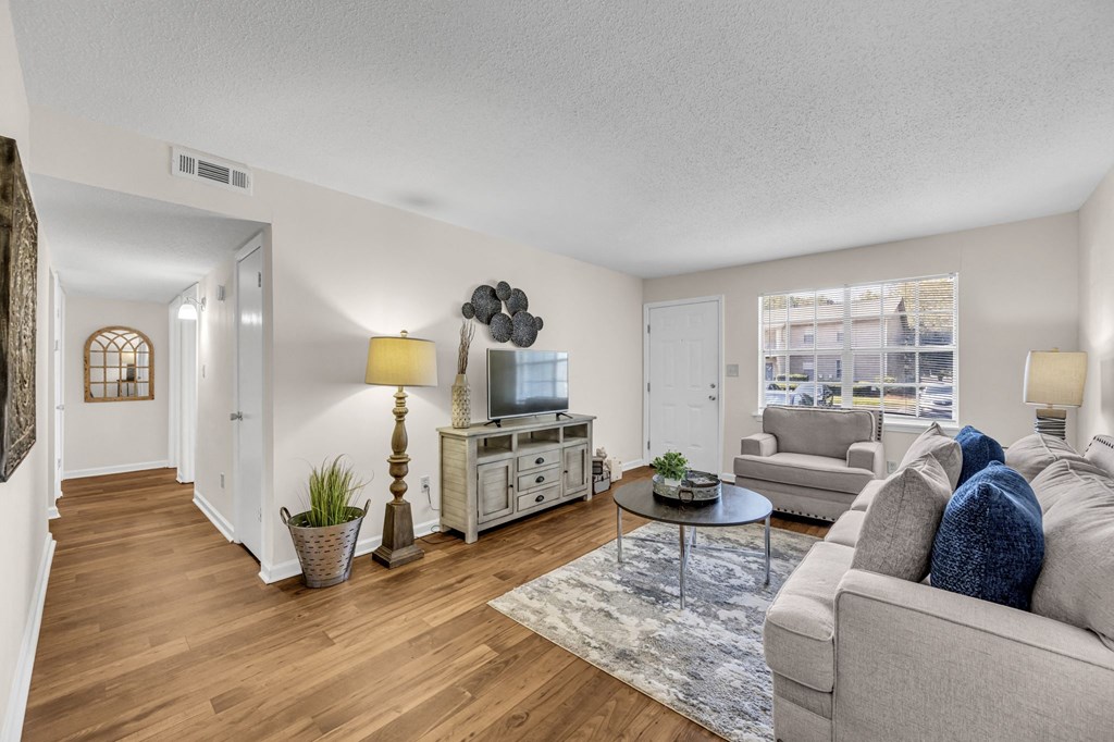 a living room with a couch and a tv