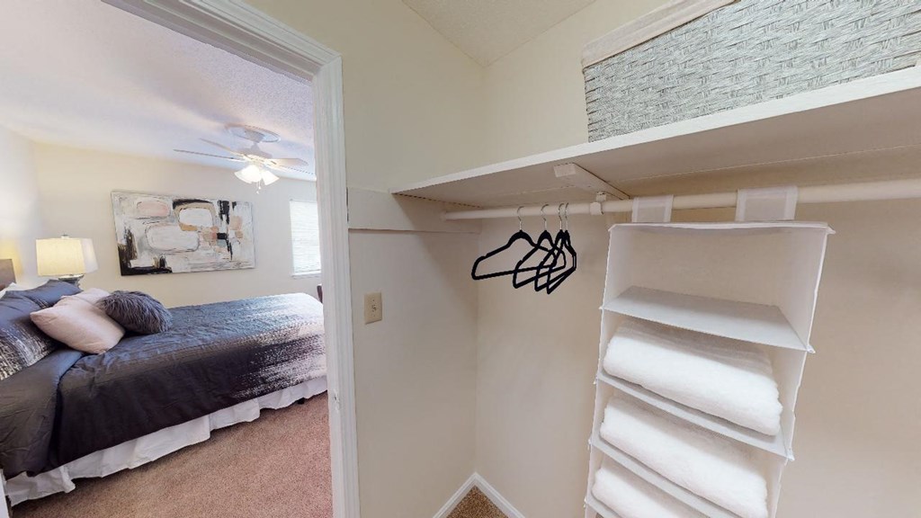 a bedroom with a white closet and a bed and a ceiling fan
