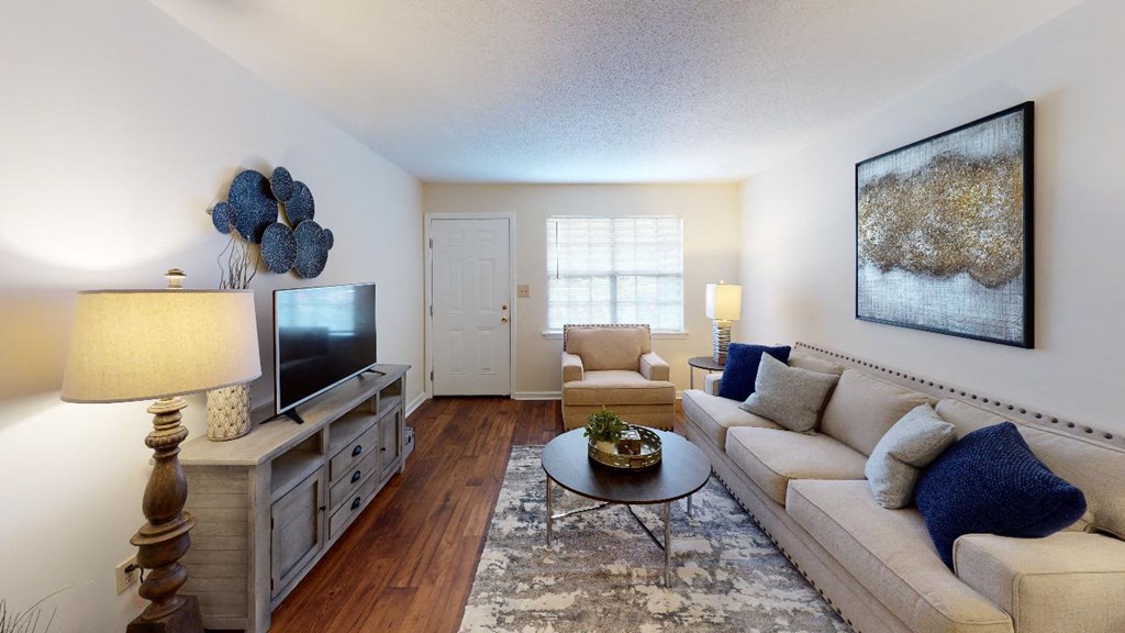a living room with a couch and a tv