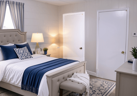 A bedroom with a bed, a nightstand, and a window with curtains.