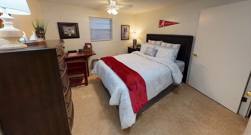 a bedroom with a bed and a dresser