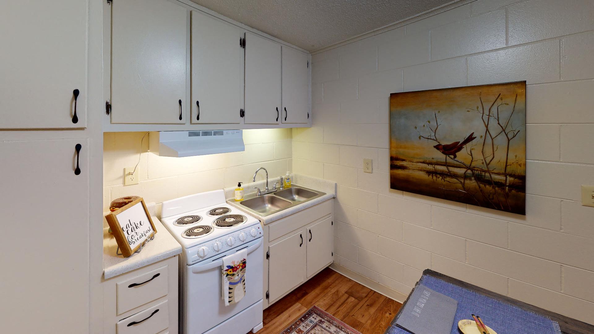 a kitchen with a stove and sink and a painting of a bird