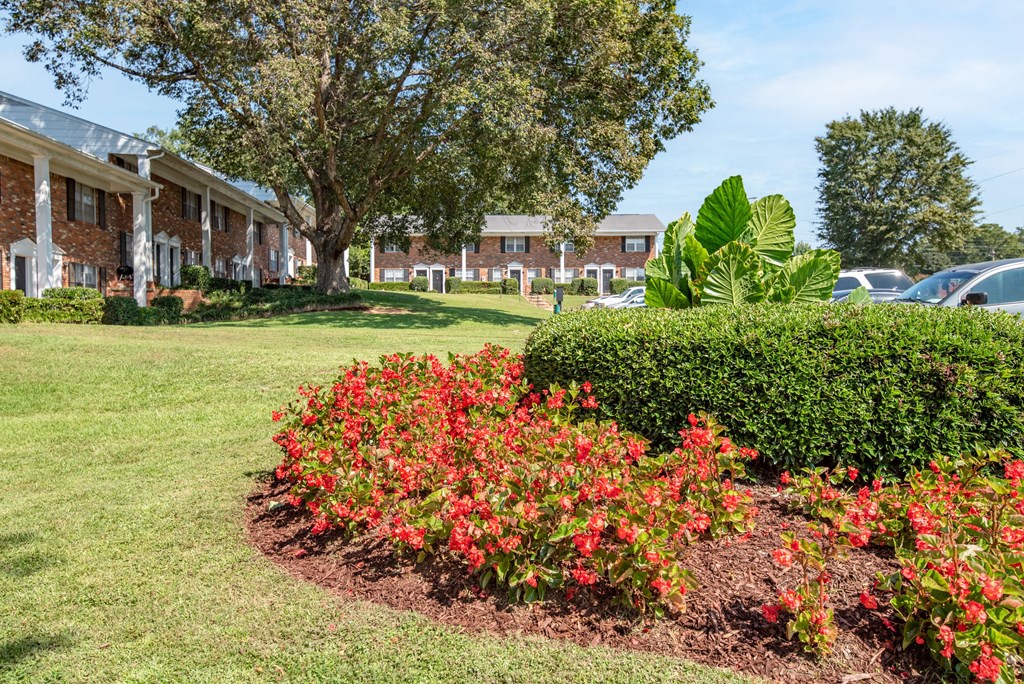 a flower bed with red flowers in front of a building