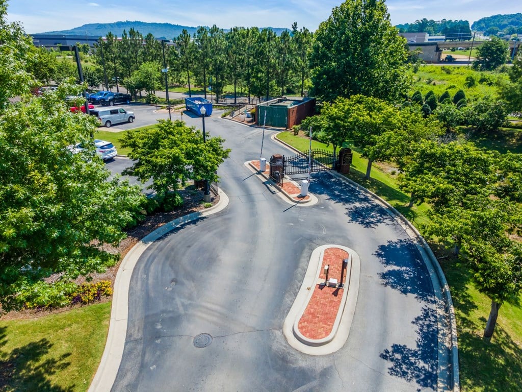an aerial view of a skate park with a skateboard on the street
