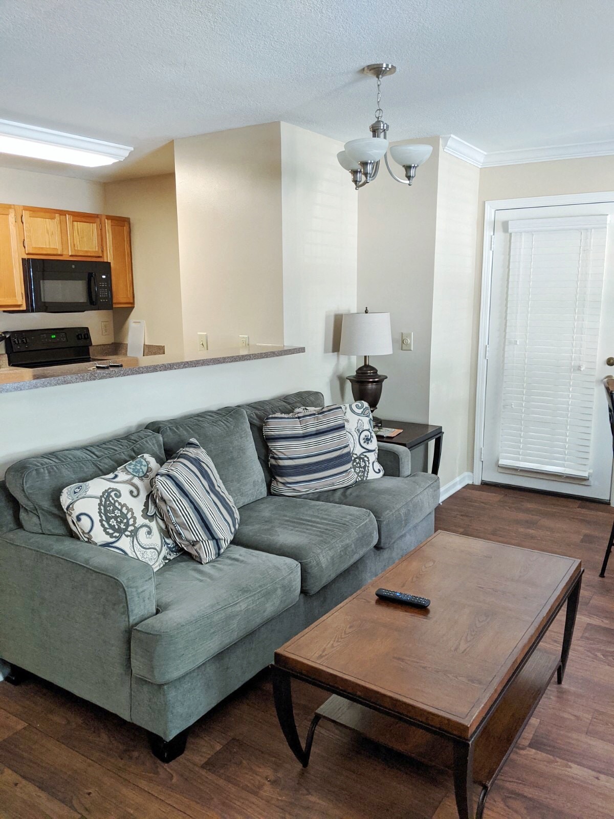 a living room with a couch and a coffee table