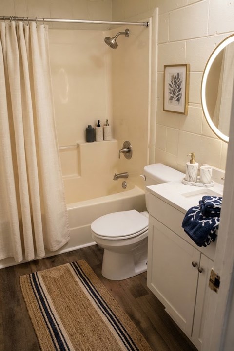 A bathroom with a toilet, sink, and shower curtain.