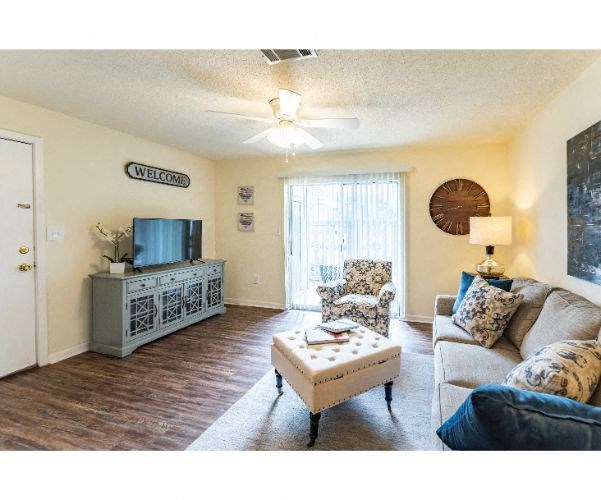 a living room with a couch and a television
