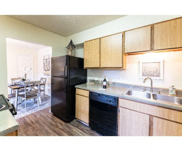 a kitchen with a black refrigerator and a sink