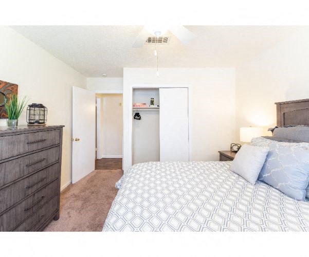 a bedroom with a bed and a closet