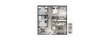 A floor plan of a house with a kitchen, living room, and two bedrooms.