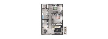 A top-down view of a small apartment with a kitchen, living room, and bathroom.