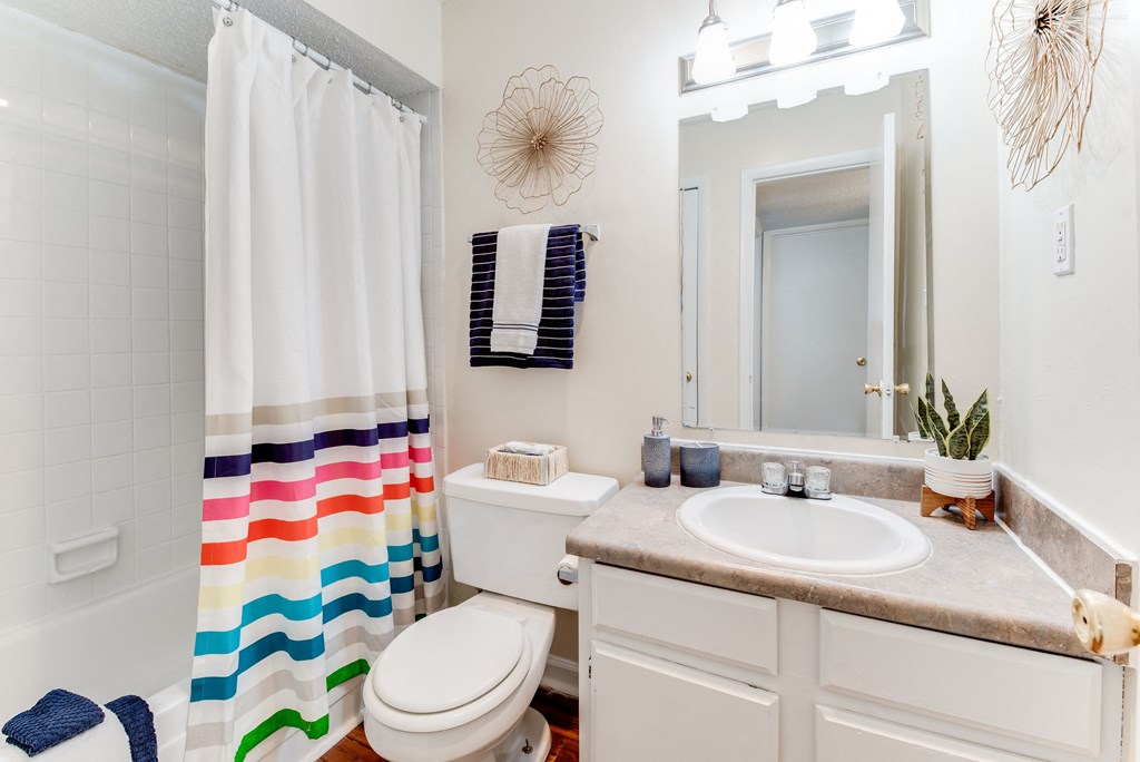 a bathroom with a white sink and toilet next to a shower curtain with a rainbow striped shower