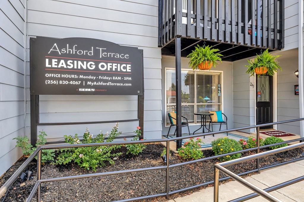 the entrance to the leasing office building
