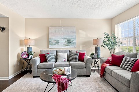 A living room with grey couches and red pillows.