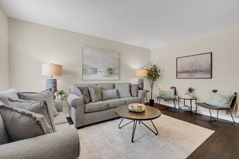 A living room with a grey couch, a coffee table, and a painting on the wall.