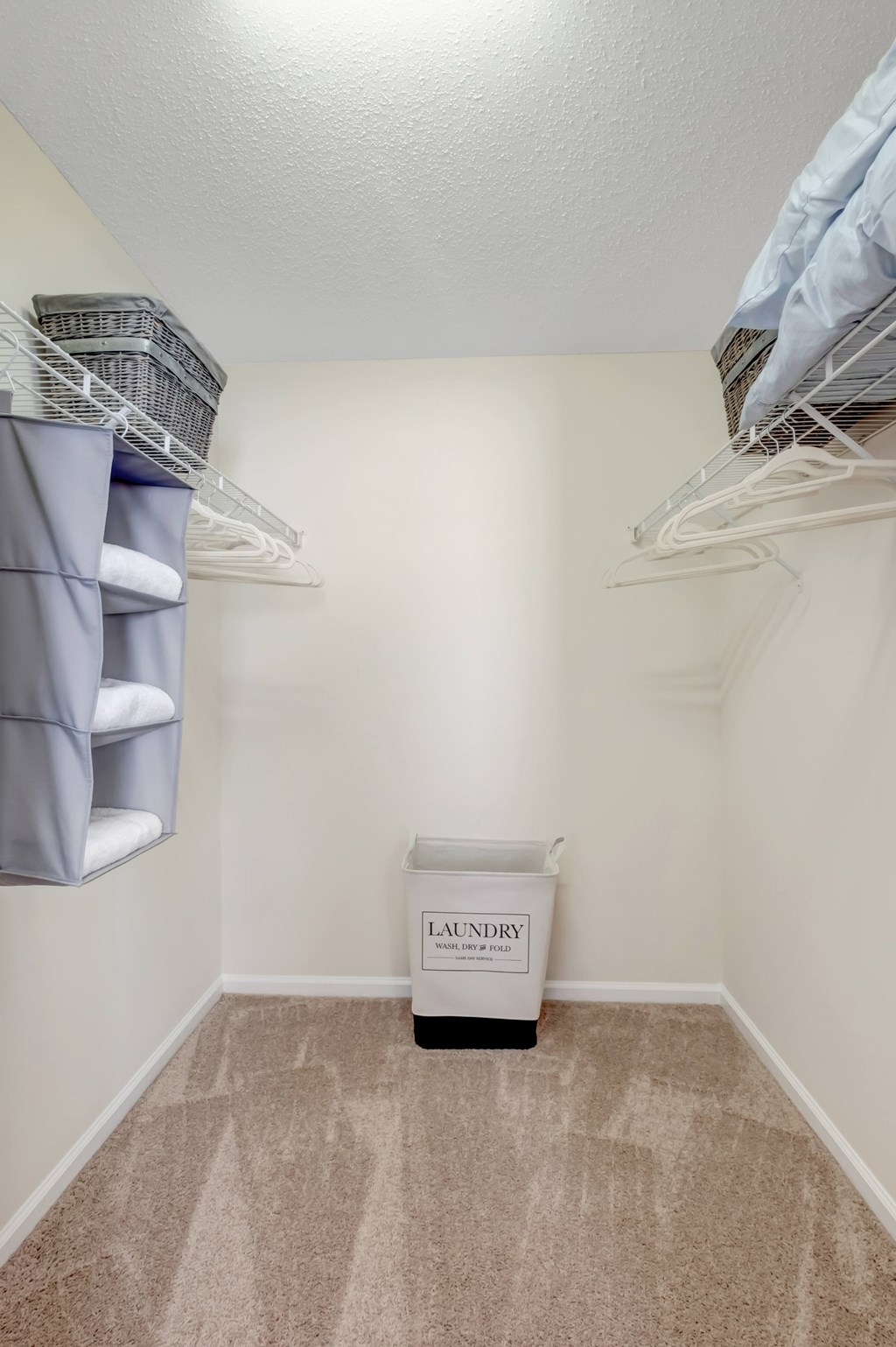 Laundry basket in a small room with a carpeted floor.