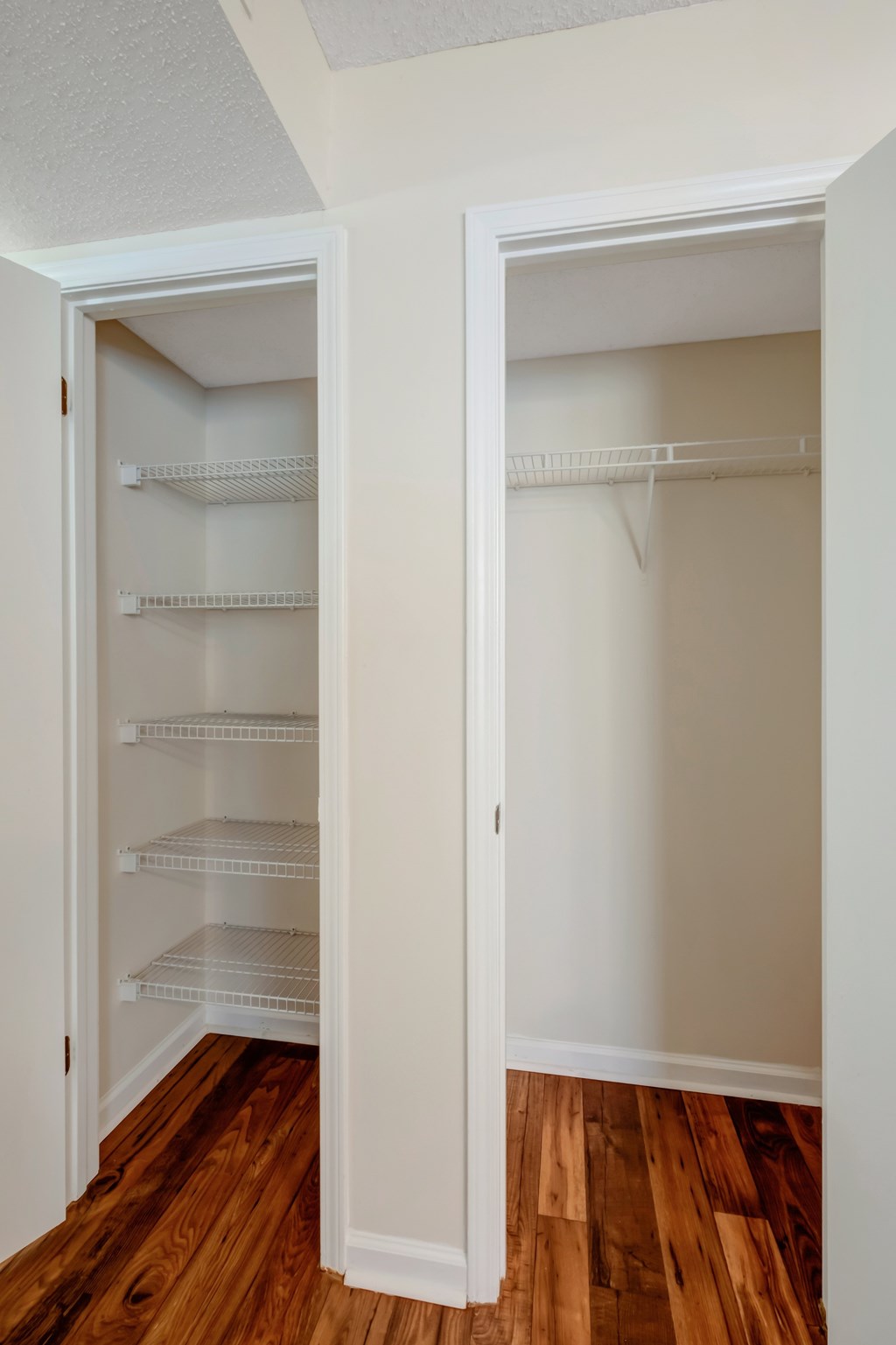A white closet with shelves and no items on them.