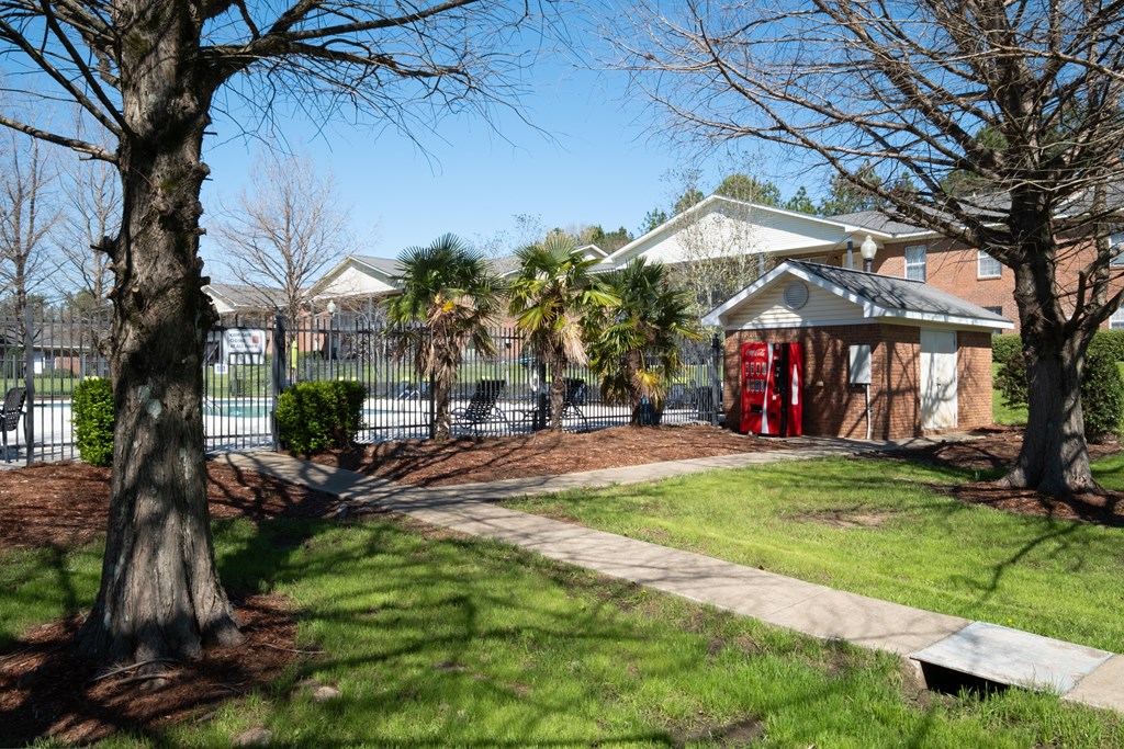 A tree in a yard with a house in the background.