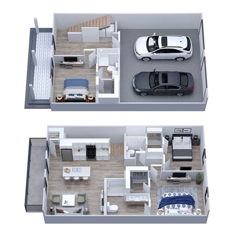 A top and bottom view of a house layout with two cars parked in the driveway.