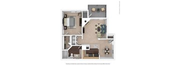 A floor plan of a house with a kitchen, living room, and two bedrooms.
