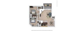 A floor plan of a house with a kitchen, living room, and two bedrooms.