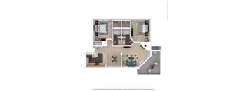 A floor plan of a house with a kitchen, living room, and two bedrooms.