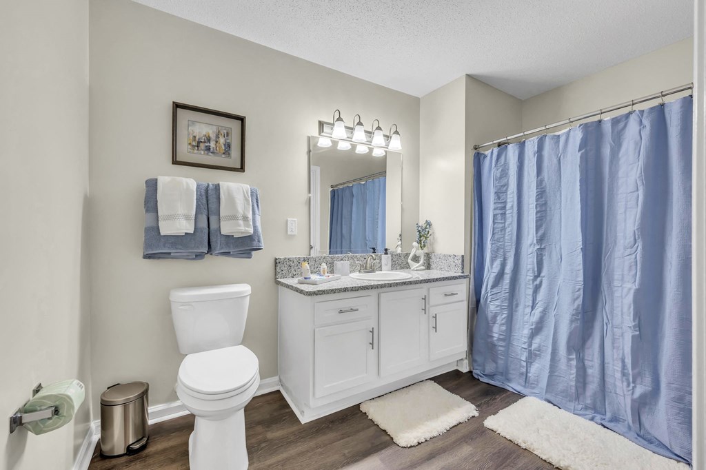 a white bathroom with a blue shower curtain and a toilet